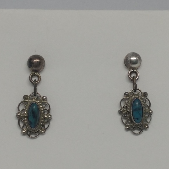 Vintage Jewelry - Turquoise Sterling Filigree Earrings Mexico